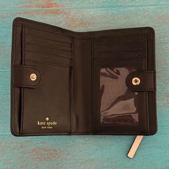 Kate Spade New York Small Bifold Wallet Leather Snap Closure Black & Cream - Picture 6 of 9